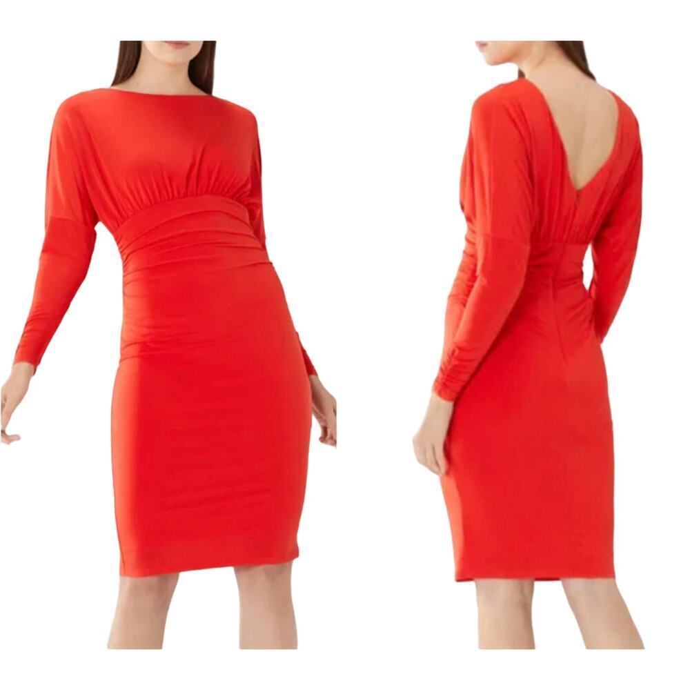 COAST Laurie Jersey Shift Ruched Long Sleeve V-Back Dress Red - Sz 4 - NWT